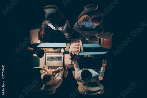 Obraz na plátně High angle above view photo of hard-working four busy business men women working