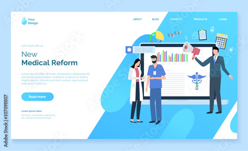 New medical reform website decorated by man and woman doctors with document, man character holding speaker, monitor of laptop with chart report vector. Webpage template, landing page flat style, app