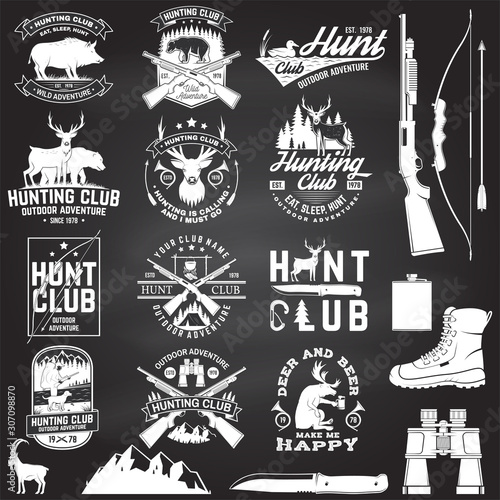 Set of Hunting club badge on the chalkboard. Vector. Concept for shirt, label, print, stamp. Vintage typography design with hunting gun, boar, hunter, bear, deer, mountains and forest.