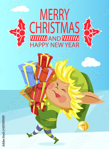 Merry Christmas and Happy New Year greeting card, elf with gift boxes pile. Winter holiday poster, Santa helper with presents, imaginary creature from Lapland. Xmas postcard vector illustration
