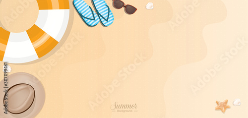 Summer vacation beach accessories on sand - web banner
