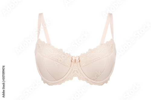 Beautiful beige bra. Lace bra, isolated on white background