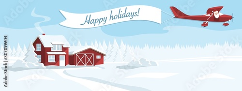 Plane with Santa Claus and banner "Happy holidays!". Vector illustration