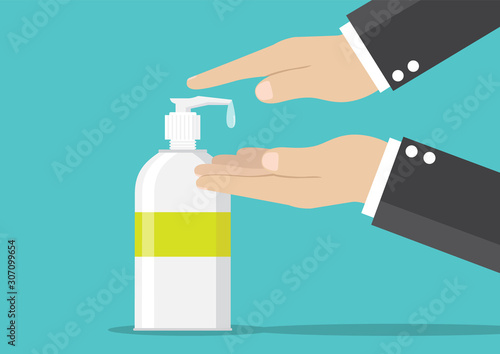 Businessmen wash their hands with liquid soap.