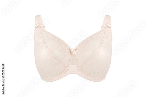 Beautiful beige bra. Lace bra, isolated on white background