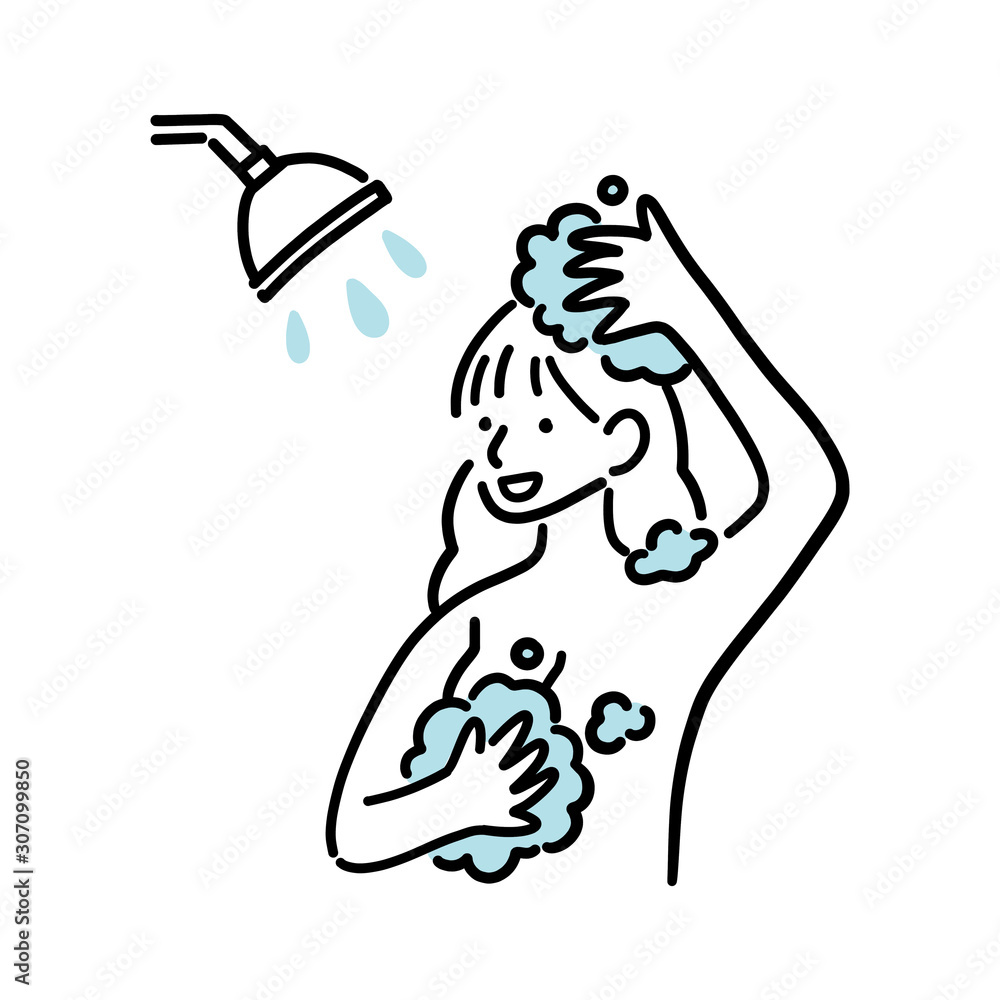 Happy woman taking shower in bathroom concept, handdrawn style vector