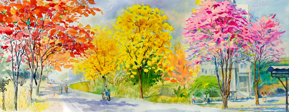 Obraz Malowanie czerwonego, różowego, żółtego kwiatu przydrożnego drzewa z podróżującą wiosną.