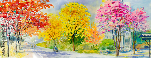 Obraz na płótnie Malowanie czerwonego, różowego, żółtego kwiatu przydrożnego drzewa z podróżującą wiosną.