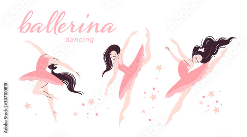 Flat beautiful ballerina dancer character in pink tutu dress doing different ballet dancing poses isolated on white background. Flat style, pastel color. Vector illustration.