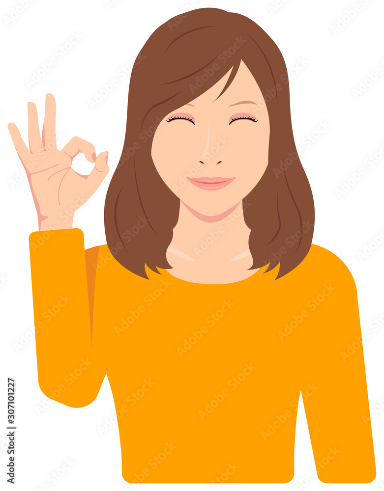 Young asian woman vector illustration (upper body, waist up) / ok sign with smiling Young asian woman vector illustration (upper body, waist up) / ok sign with smiling