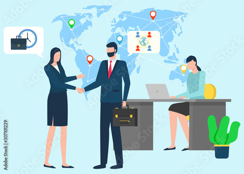International business and global cooperation. Woman and man shaking hands confirming agreement. Girl sitting with laptop, office worker. World map on background. Vector illustration in flat style