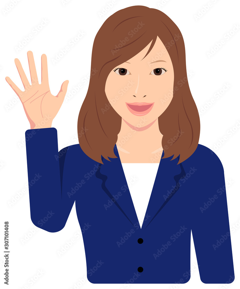 Young asian business woman vector illustration (upper body,waist up) / open hand with smiling , good bye Young asian business woman vector illustration (upper body,waist up) / open hand with smiling , good bye