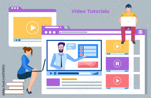 Online courses in internet vector, video tutorials and website with information on discipline details. Man and woman using laptops education and studies