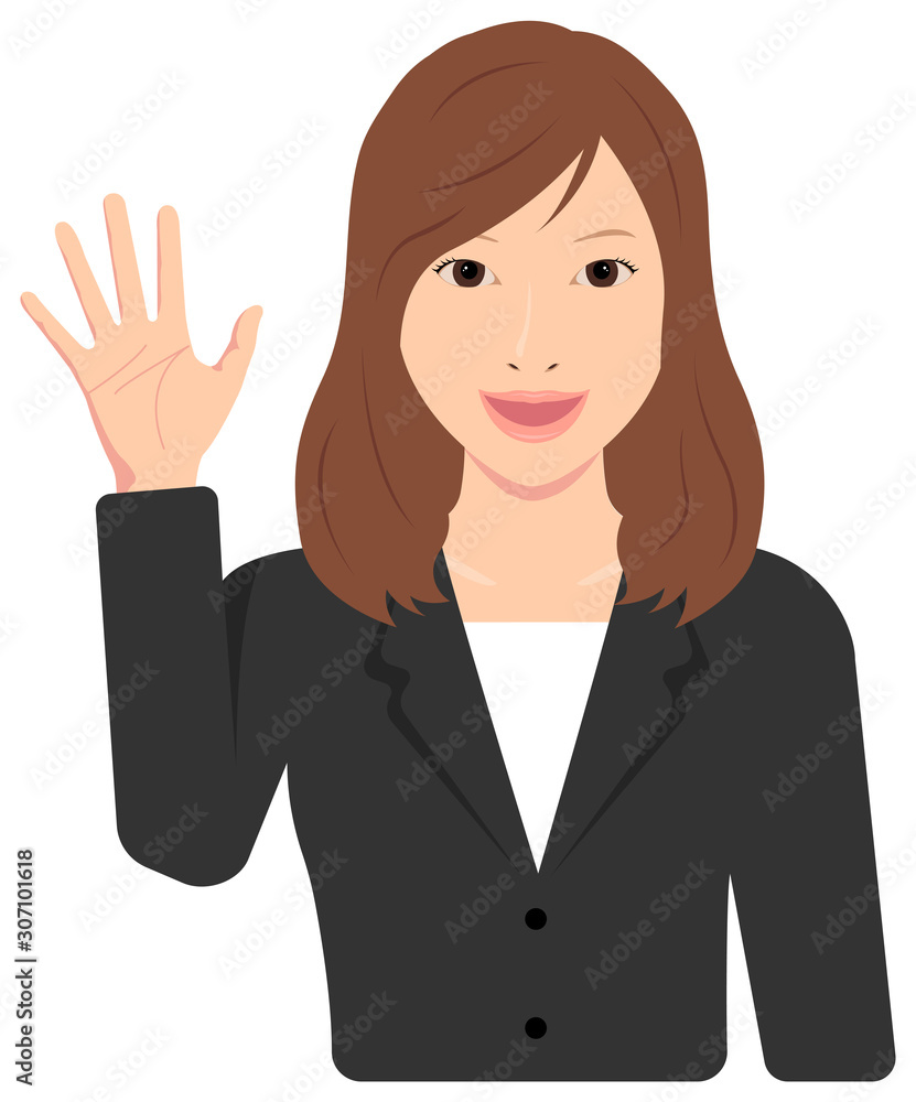 Young asian business woman vector illustration (upper body,waist up) / open hand with smiling , good bye Young asian business woman vector illustration (upper body,waist up) / open hand with smiling , good bye