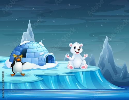Cartoon animals with igloo ice house