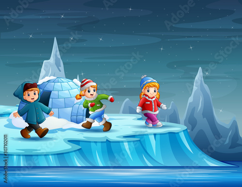 Children playing around igloo illustration