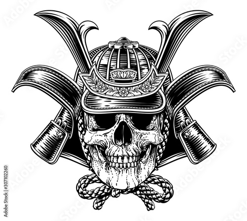 A samurai skull warrior mask helmet illustration in a woodcut etching style