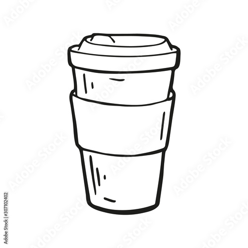 Single hand drawn coffee takeaway cup. In doodle style, black outline isolated on a white background. Cute element for card, social media banner, stickers. Vector illustration