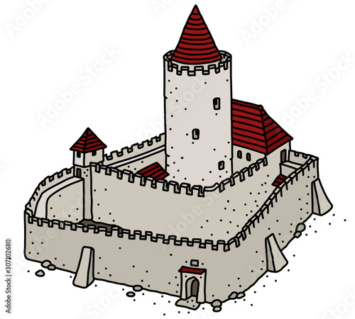 The vectorized hand drawing of an old gothic stone castle
