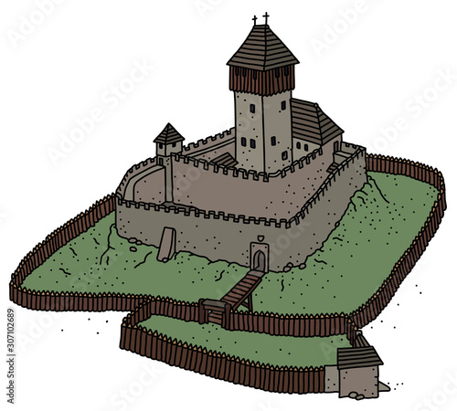 The vectorized hand drawing of an old gothic stone castle