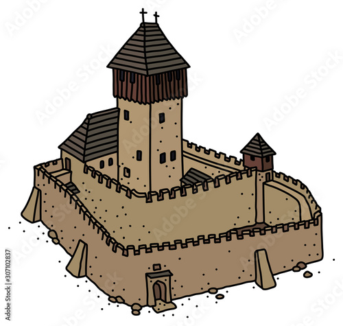 The vectorized hand drawing of an old gothic stone castle