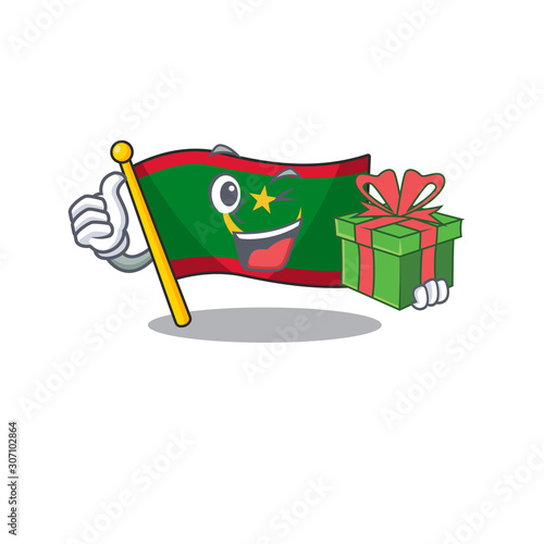 mascot cartoon of happy flag mauritania with gift box