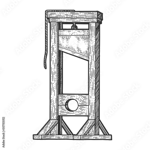 Guillotine medieval execution sketch engraving vector illustration. T-shirt apparel print design. Scratch board imitation. Black and white hand drawn image. photo