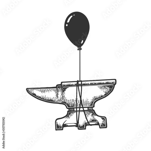 Blacksmith anvil is flying on air balloon sketch engraving vector illustration. T-shirt apparel print design. Scratch board style imitation. Black and white hand drawn image.