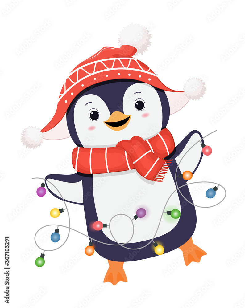 Cute penguin with garland light.Christmas character.Cartoon illustration Cute penguin with garland light.Christmas character.Cartoon illustration