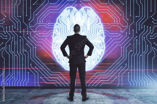 Man and brain icon hologram. Double exposure. Concept of data development