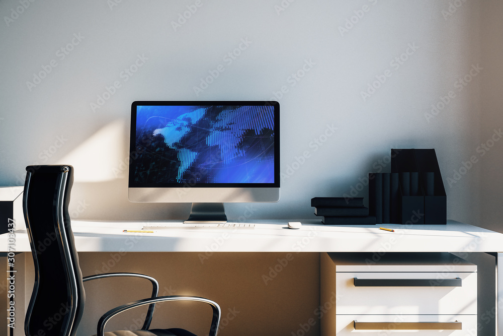 Cabinet desktop interior with world map on computer screen. Concept of international market and trading. 3d rendering. Cabinet desktop interior with world map on computer screen. Concept of international market and trading. 3d rendering.