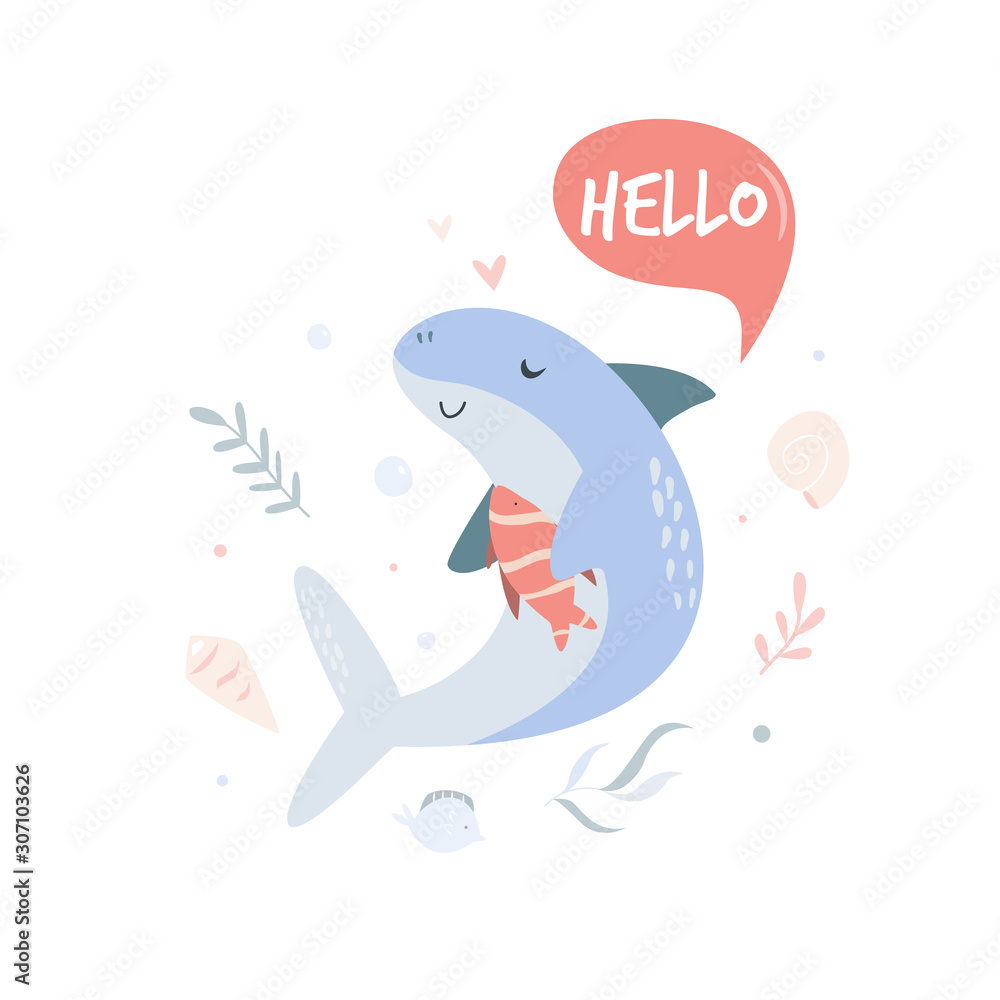 Naklejka premium Cute shark design. Poster with adorable character