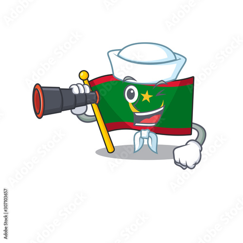 Smiling happy Sailor with binocular flag mauritania cartoon design