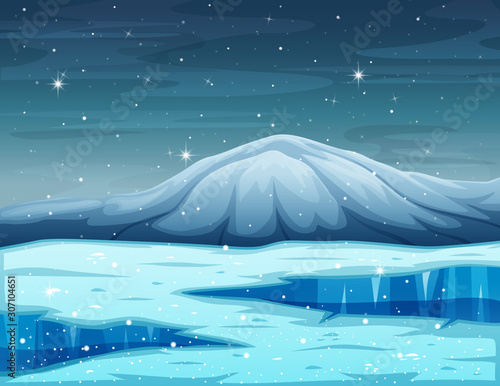 Cartoon winter landscape with mountain and frozen lake