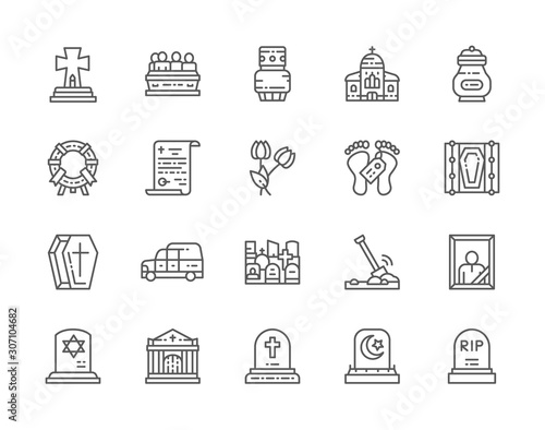 Set of Funeral Line Icons. Church, Crypt, Testament, Coffin, Hearse and more.