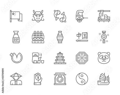 Set of Chinese Culture Line Icons. Traditional Mask, Rickshaw, Panda and more.