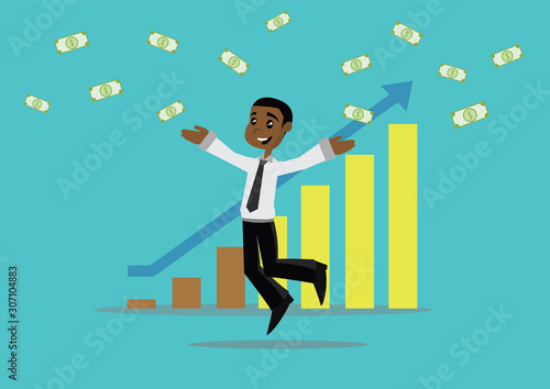 Happy African businessman throwing money up in a successful business graph.