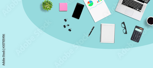 Top view business or office desk and supplies, with copy space. Creative flat lay photo of workspace desk - panoramic background