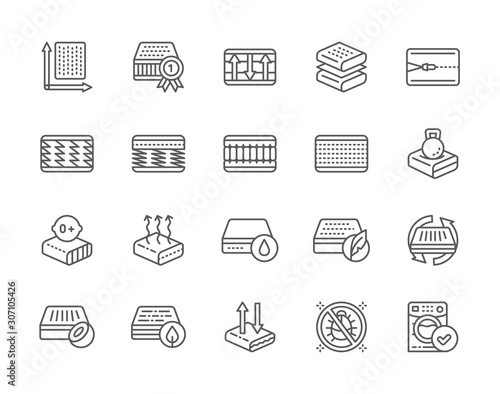 Set of Orthopedic Mattress Line Icons. Elastic Material, Anti Allergic, Zipper