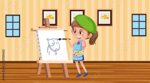 Girl painting on canvas in the room