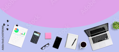 Top view business or office desk and supplies, with copy space. Creative flat lay photo of workspace desk - panoramic background