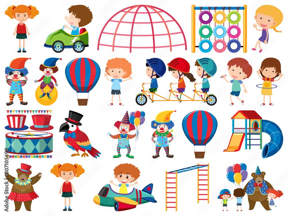 Large set of isolated objects of kids and circus Large set of isolated objects of kids and circus
