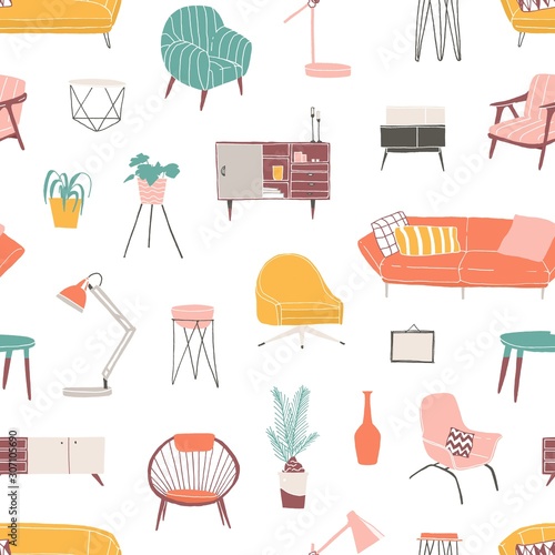 Home decor and accessories hand drawn seamless pattern. Colored furniture pieces backdrop. Stylish home furnishing colorful background. Lamp, vase, houseplants in pots, sofa with cushions.