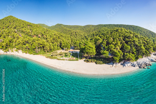 Bild auf Leinwand The beach Kastani of Skopelos from drone, Greece
