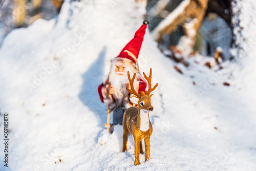 Santa with Skis and Deer Dolls on Snow for Christmas