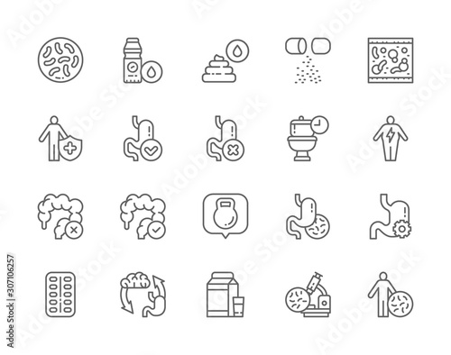 Set of Probiotic Line Icons. Lactobacilli, Bifidobacteria, Vitamins and more.