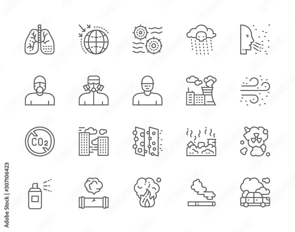 Set of Pollution Line Icons. Air Dust, Radioactive Rain, Protective Mask, Smog