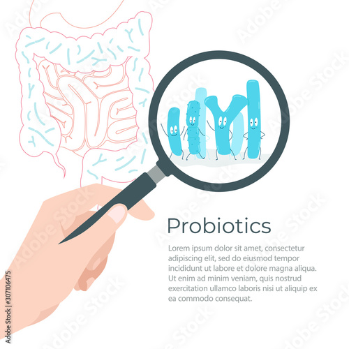 Bacterial microorganism in a magnifier. The image of the intestine, vector illustration.