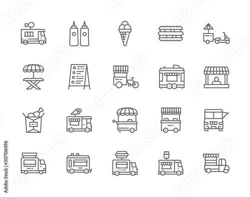 Set of Food Truck Line Icons. Hot Dog, Sandwich, Picnic Table and more.
