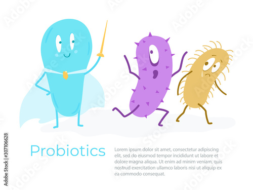 Good probiotics defeat pathogenic bacteria. Vector illustration.